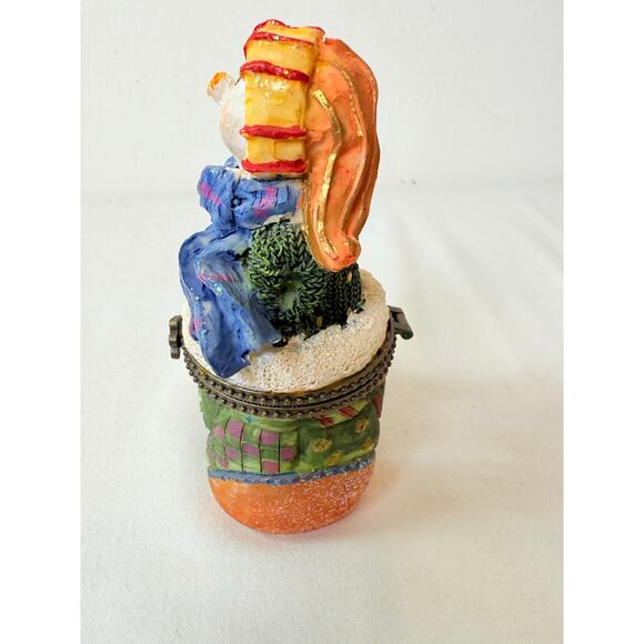 Green Whimsical Patchwork Glittery Holiday Resin Snowman Trinket Box - Picture 4 of 7